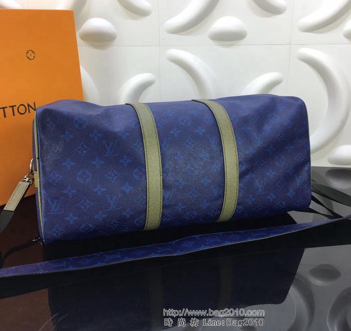 路易威登LV 頂級原單 2018春夏時裝展新品 M43855 KEEPALL45B旅行袋 海藍色Monogram帆布搭配Taiga皮革 可手提肩背包  YDH2362